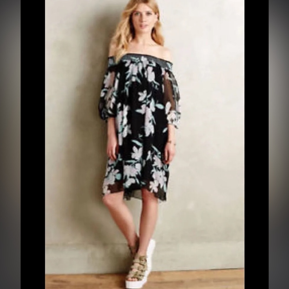Maeve Silk Paola Swing Dress Oversized Black Chiffon Floral Off Shoulder Mini